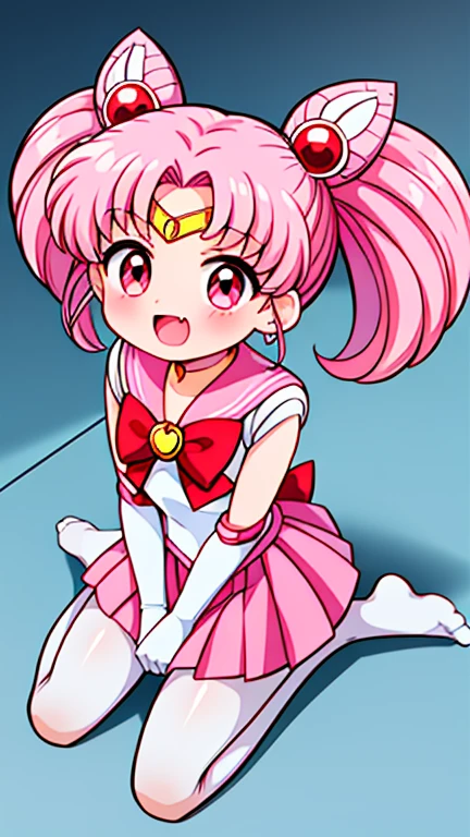 Sailor Moon，young年，，cute，（Little Loli），Pink hair twintails，short hair，Sailor Suit，Red bow，White elbow gloves，Red Skirt，No shoes，Open your mouth，laughing out loud，Fangs，(White pantyhose),soles of feet，Soles，(young)，(little man)，sit