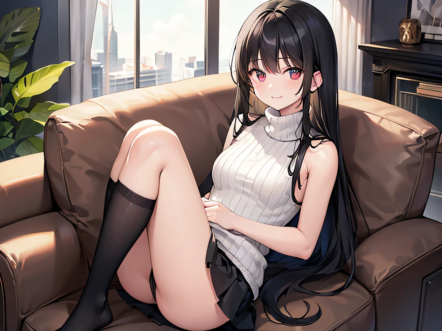 (Masterpiece, top quality, high resolution, realistic photo, realistic looking skin:1.1),
(Woman is sitting on a sofa in an apartment living room:1.5),
(She has a smiling expression: 1.5),
(She looks a little bit quiet: 1.5),
(She is wearing a gray-beige sleeveless turtleneck knit: 1.8),
(She is wearing a black flared mini-skirt:1.8),
(She is wearing white high socks:1.8),
(She has long black hair: 1.5),
(Location: apartment living room sofa:1.5),
1 Japanese girl, solo, full bodied esbian, beautiful eyes, glowing eyes, glowing thighs, NSFW