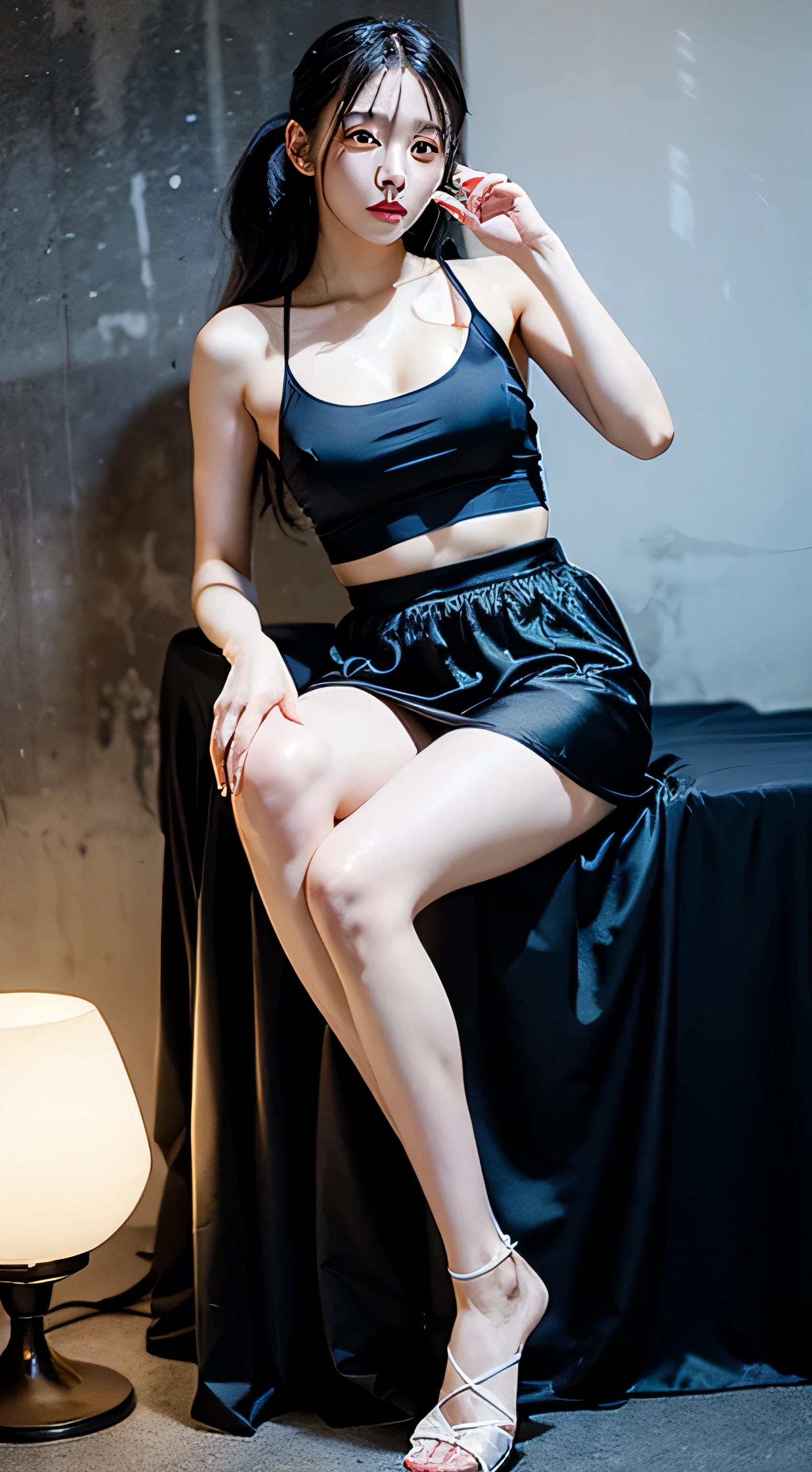 (8K, Raw photography, top-quality, ​masterpiece:1.2),  One Woman、korean sexy, glowing face, white skin, black tanktop, blue silk satin long skirt, long leg, hot body, camera full body, wet, big breast, no shoe, student girl