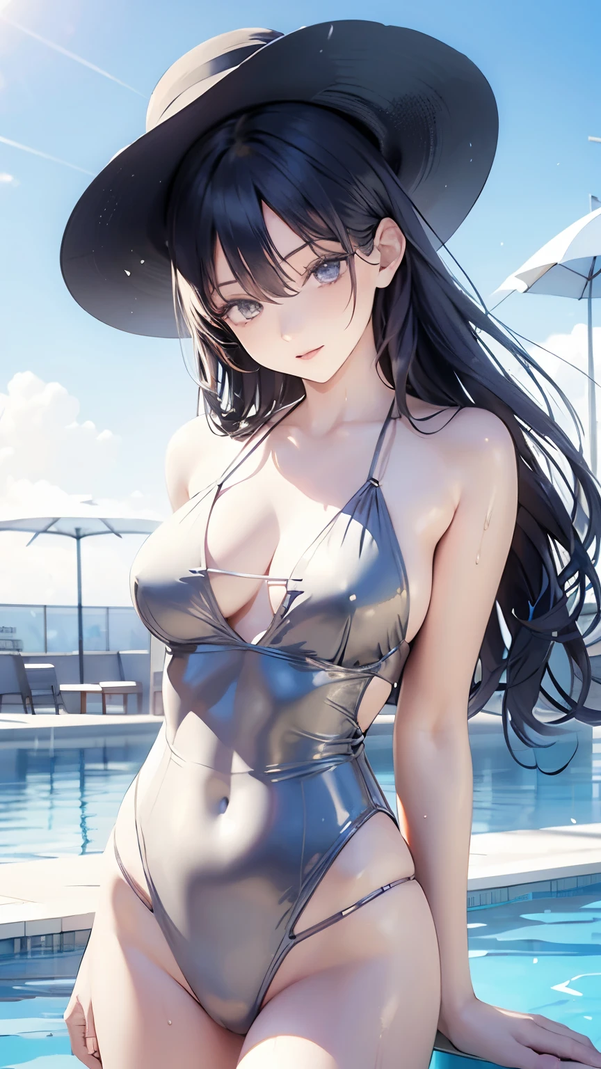 ((Best quality, 8k, Masterpiece: 1.3)), Sharp focus A beautiful woman with perfect body, Highly detailed face and skin texture, Detailed eyes, long hair, messy hair, (very long hair, hair over eyes), shiny hair, wet hair, Wearing a swimsuit, poolside, wide-brimmed hat, and rash guard, ((wet skin)), animation