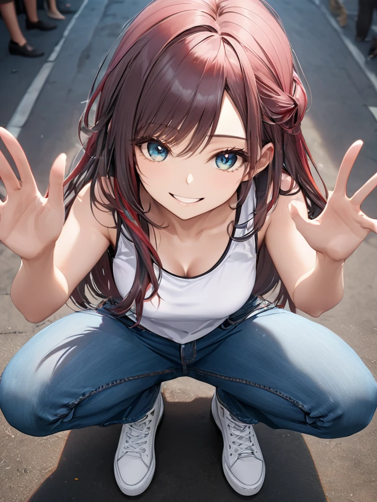 (full body:1.4), from above, (masterpiece:1.3)), (best quality:1.3),(ultra detailed:1.4),(extremely detailed),(absolutely resolution:1.3) ,absurdres,8k, 1girl, grin, ultra detailed eyes, long hair, multicolored hair, tanktops, jeans, squatting, waving hands,
