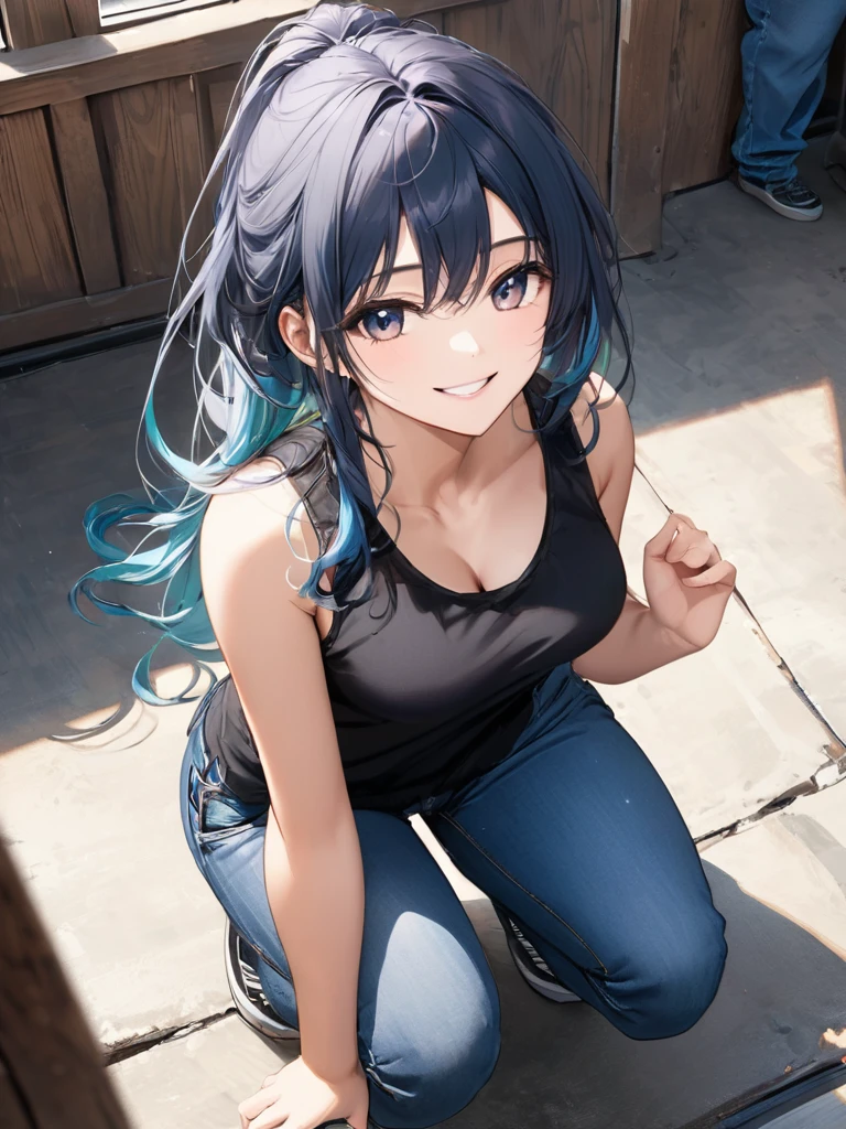 (full body:1.4), from above, (masterpiece:1.3)), (best quality:1.3),(ultra detailed:1.4),(extremely detailed),(absolutely resolution:1.3) ,absurdres,8k, 1girl, grin, ultra detailed eyes, long hair, multicolored hair, tanktops, jeans, squatting, waving hands,