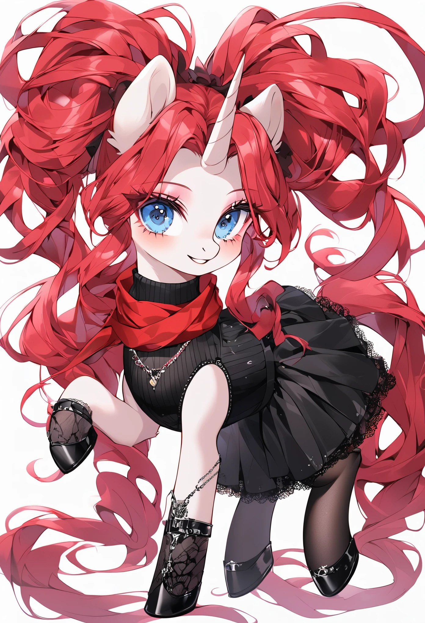 score_9, (unicorn pony, beige fur, long crimson hair, makeup, blue eyes), (black turtleneck, black tights, black skirt, red scarf), full body, (beautiful, detailed hair and fur),