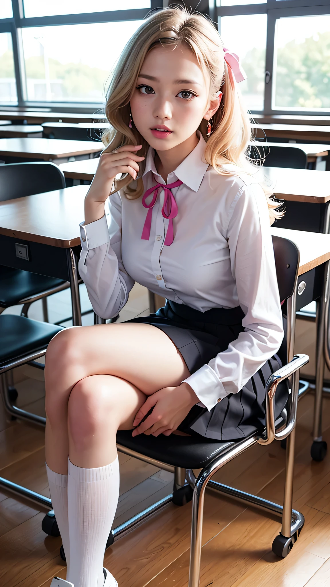 (8k、highest quality、highest quality、masterpiece)、Detailed face、One Girl、 blonde、Wavy Hair、Side Up、Sexy hairstyle、Grey Eyes、Earrings、Pink Lips、The look of temptation、Mid-chest、((White collared shirt))、((Pink ribbon)) , Pleated skirt、White knee-high socks、Brown Loafers、Sit on a chair、Crossing your legs、Classroom Background , Angle from below , Looking at the audience

