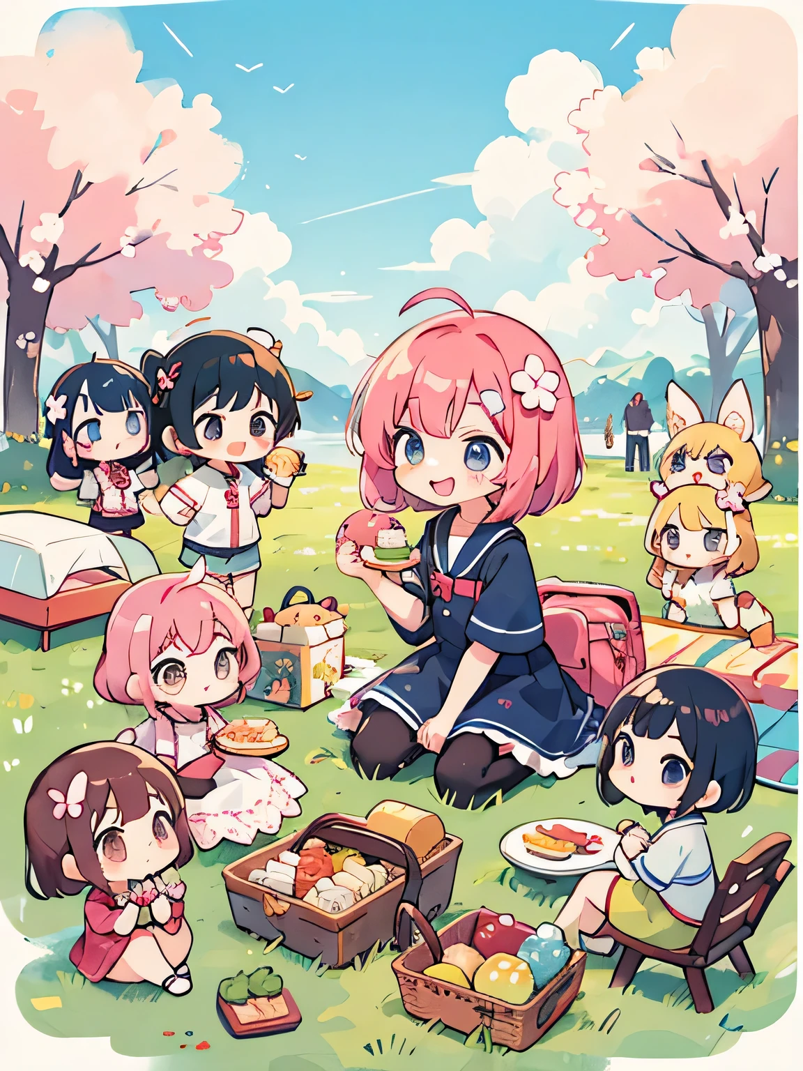Momoko Sakura style, Kawaii Design, (((10 people)))、most beautiful girl ever、Chibi, Colorful bob hair、((Lots of friends))、Picnic together