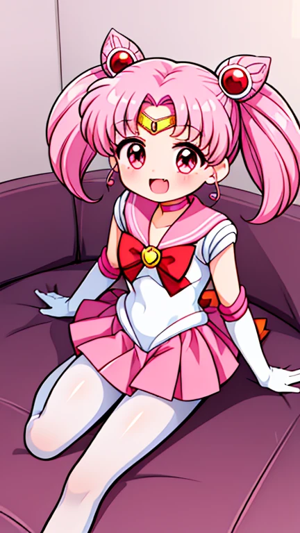Sailor Moon,young年,Seven years old,cute,(Little Loli),Pink hair twintails,short hair,Sailor Suit,Red bow,White elbow gloves,Red Skirt,No shoes,Open your mouth,laughing out loud,Fangs,(White pantyhose),soles of feet,Soles,(young),(little man),sit