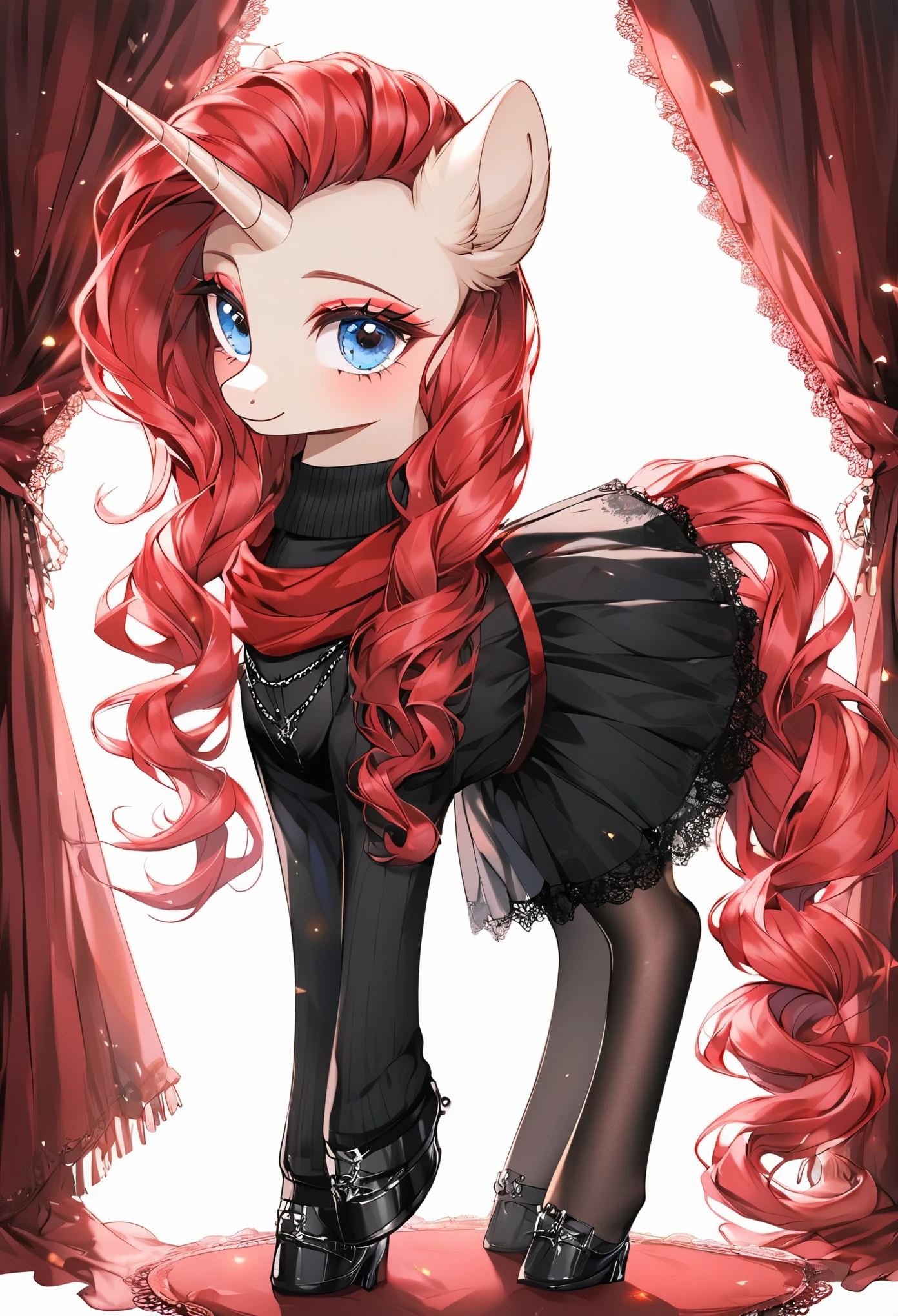 score_9, (unicorn pony, beige fur, long crimson hair, makeup, blue eyes), (black turtleneck, black tights, black skirt, red scarf), full body, (beautiful, detailed hair and fur),