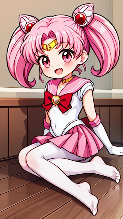 Sailor Moon,young年,,cute,(Little Loli),Pink hair twintails,short hair,Sailor Suit,Red bow,White elbow gloves,Red Skirt,No shoes,Open your mouth,laughing out loud,Fangs,(White pantyhose),soles of feet,Soles,(young),(little man),sit