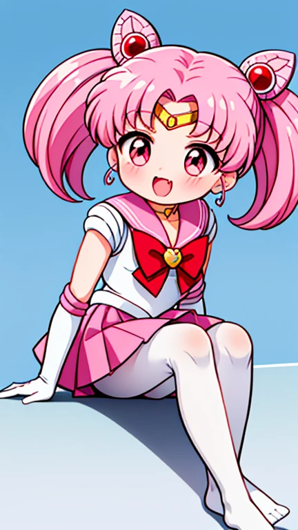 Sailor Moon，young年，，cute，（Little Loli），Pink hair twintails，short hair，Sailor Suit，Red bow，White elbow gloves，Red Skirt，No shoes，Open your mouth，laughing out loud，Fangs，(White pantyhose),soles of feet，Soles，(young)，(little man)，sit