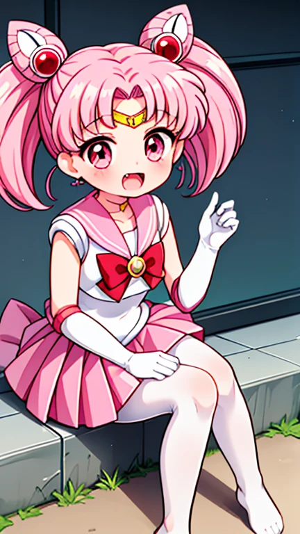 Sailor Moon,young年,Seven years old,cute,(Little Loli),Pink hair twintails,short hair,Sailor Suit,Red bow,White elbow gloves,Red Skirt,No shoes,Open your mouth,laughing out loud,Fangs,(White pantyhose),soles of feet,Soles,(young),(little man),sit