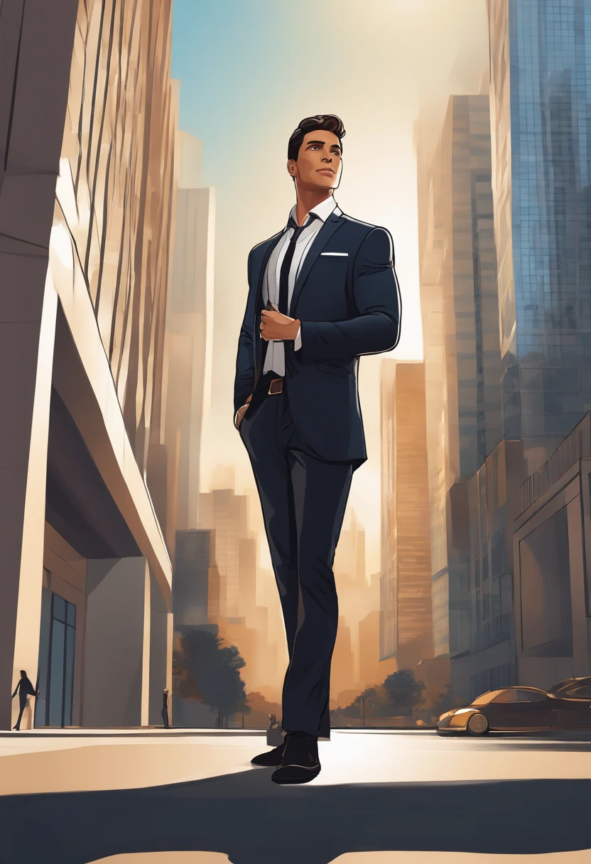 Illustration of a successful young man. The young man appears to be in his early 30s with short black hair and a confident expression. He is dressed in a smart business suit, with a dark jacket and white shirt. The young man is standing in front of a modern, elegant office building, striking a victory pose with one hand raised high, holding a small gold trophy. The background shows modern skyscrapers and a bright blue sky.with his hands in his trouser pockets