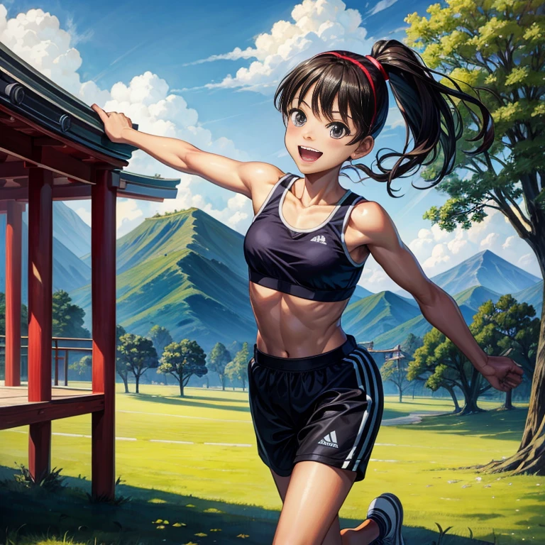 (Highest quality, Masterpiece), (Beautiful Japanese girl, ), ponytail, smile, sport girl, medium breasts,sport bra, full body, running girl,