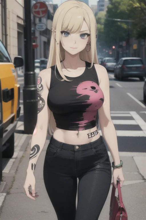 Otaku life, mutated, smart woman, anime tank top, pants, rings, piercings and tattoos, female creature, looking at viewer,