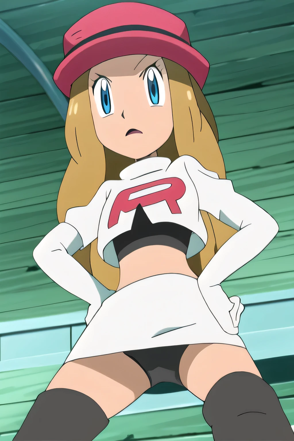 masterpiece,best quality,high res,high quality,8k, masterpiece,highres, team rocket uniform, red letter r, white skirt,white crop top,black thigh-high boots, black elbow gloves, glaring angrily, looking down at viewer, hands on hips, cowboy shot, zettai ryouiki,spread legs,from below, black panties,anime style, vivid colors, sharp focus, intense lighting,serena (pokemon), pink headwear_