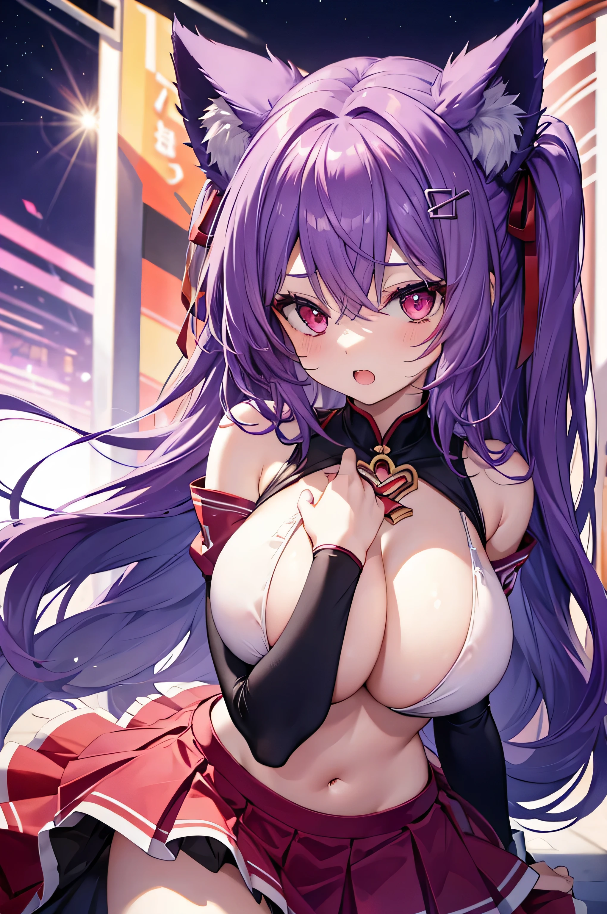 Fox Girl, Large Breasts, Voluminous purple hair, masterpiece , Red eyes, hd, Head to Chest, buried in my chest、Underboob、Double teeth、tooth、Cheerleader