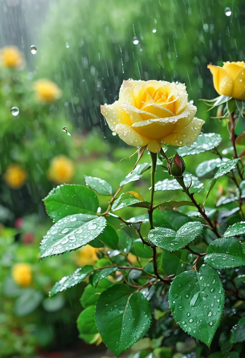 (high quality 4k ultra image, focus mode , beyond lush vegetation , in flowering garden , a rose plant, single yellow rose , on a single branch, emerald green, half bloom, freshing with rain drops , under morning sunshine.