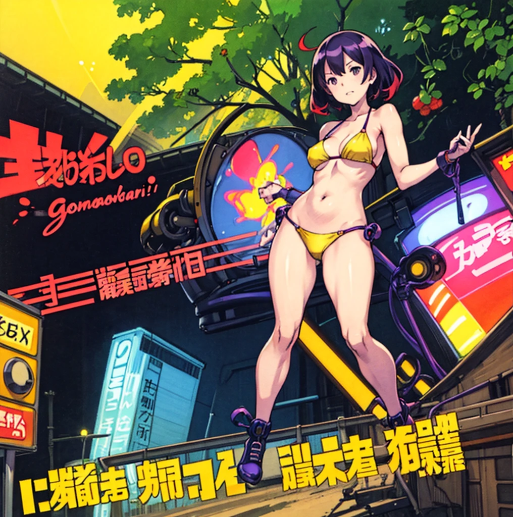 drawing of a woman in a yellow bikini next to a traffic light, some red and purple and yellow, some red and yellow, inspired by Tadanori Yokoo, digital art. colorful comic, [ digital art ]!!, [ conceptual art ]!!, colored sketch anime manga panel, biomechanical oppai, comic digital art, digital art!!, lowres