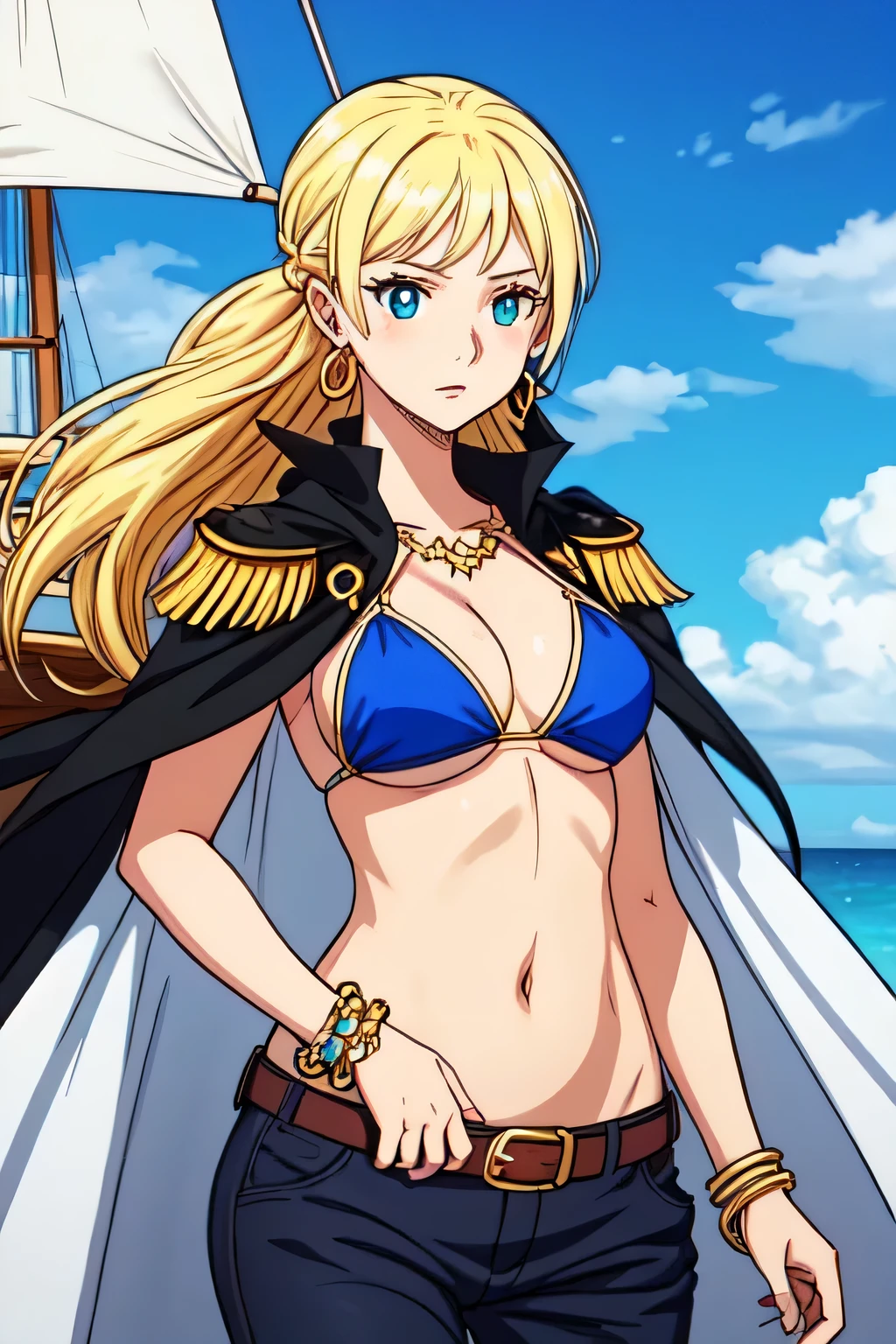 make a 2d character, woman, long hair tied up, blonde, without bangs, blue pupils, with a confident expression and older appearance, with a bracelet on her wrist, earring, with a bikini, a pair of pants, in a ship, medium tits, long cape, capitain
