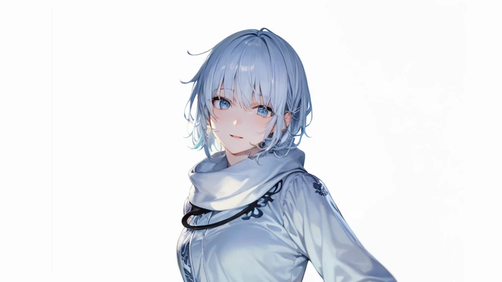 light blue short hair,Dark blue pupils,Silver hair accessories,Translucent pale pink coat,No underwear,Bare chest,Open navel,Sexy figure,Fair skin,Blue sky behind,natural soft light,extreme picture quality