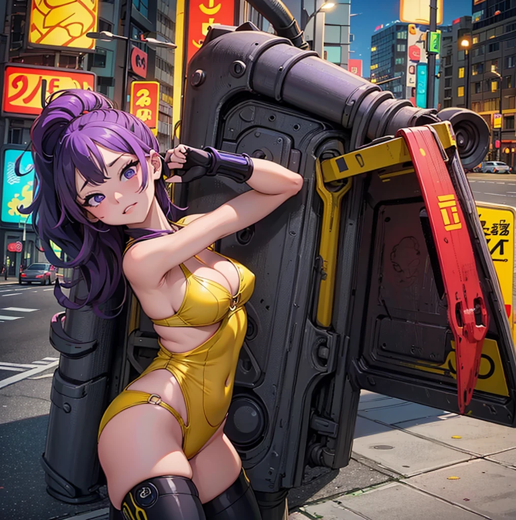drawing of a woman in a yellow bikini next to a traffic light, some red and purple and yellow, some red and yellow, inspired by Tadanori Yokoo, digital art. colorful comic, [ digital art ]!!, [ conceptual art ]!!, colored sketch anime manga panel, biomechanical oppai, comic digital art, digital art!!, lowres