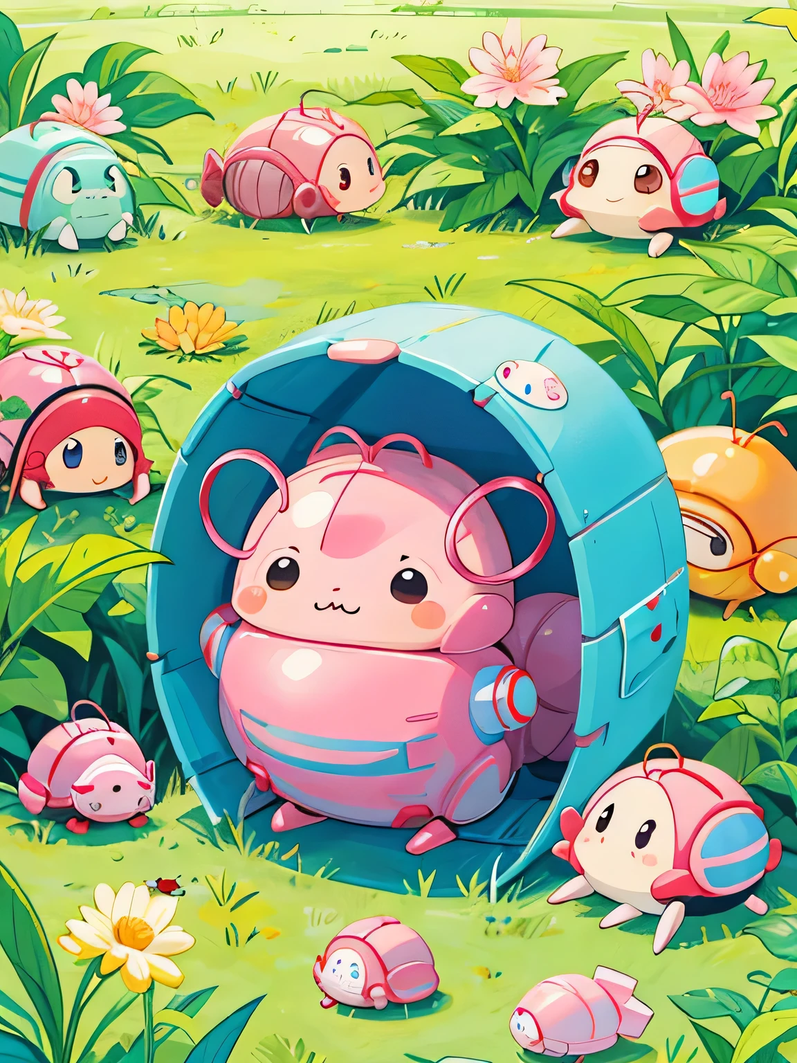 Momoko Sakura style, Kawaii Design, Chibi, beautiful spring afternoon、Lots of friendy friend is a pillbug、lovely colorful pillbug