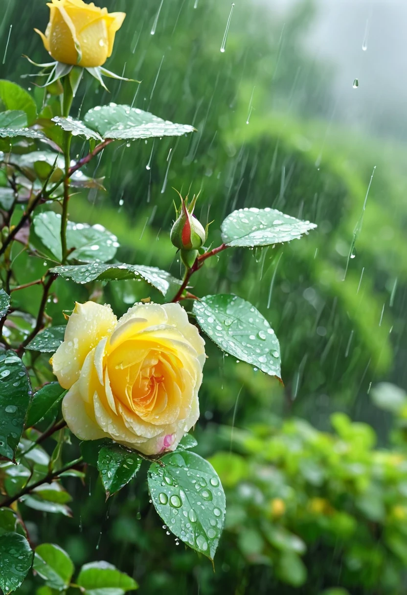high quality, 4k , ultra image, focus mode , beyond lush vegetation , in flowering garden , a rose plant, single yellow rose , on a single branch, emerald green, half bloom, freshing with rain drops, under the morning sunshine, near at viewer.