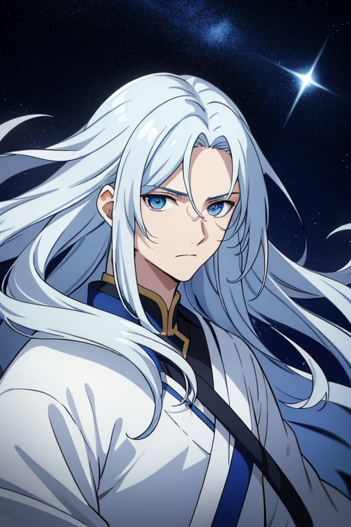 (high quality,It's fascinating),(Expressive eyes,perfect face)1male,male,solo,height,Elongated face,teen age,Very long hair,Very long bangs,White hair with blue streaks and highlights,Messy hair,Show forehead,Light blue eyes,Serious expression,White Hanfu,Venus,Venus罗马激情之神,Venus背景,space background,portrait,Upper body,magic,