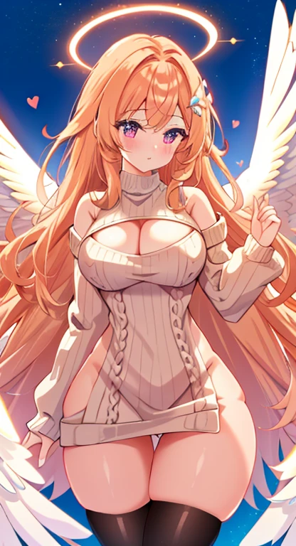 4k anime Illustration, upper body, beautiful young woman, long hair, peach colored hair, messy hair, magenta eyes, large eyes, (tiny breasts: 1.4), flat chest, massive hips, (gigantic thighs: 1.3), huge ass, white wings, feathery wings, Angel wings, halo, crown, (open-chest sweater: 1.3), oversized sweater, cleavage, 