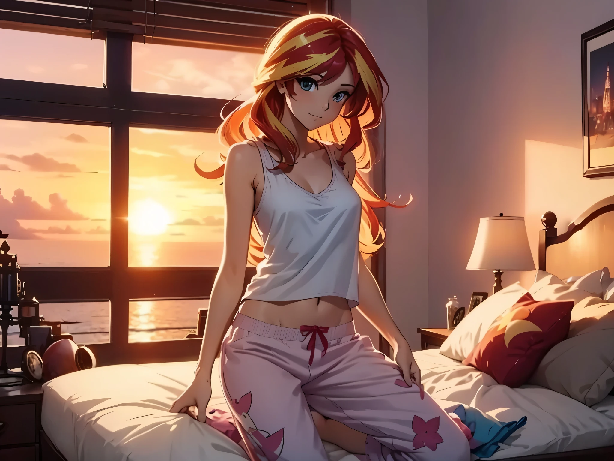 sunset shimmer, bedroom, white tank top, pajama pants