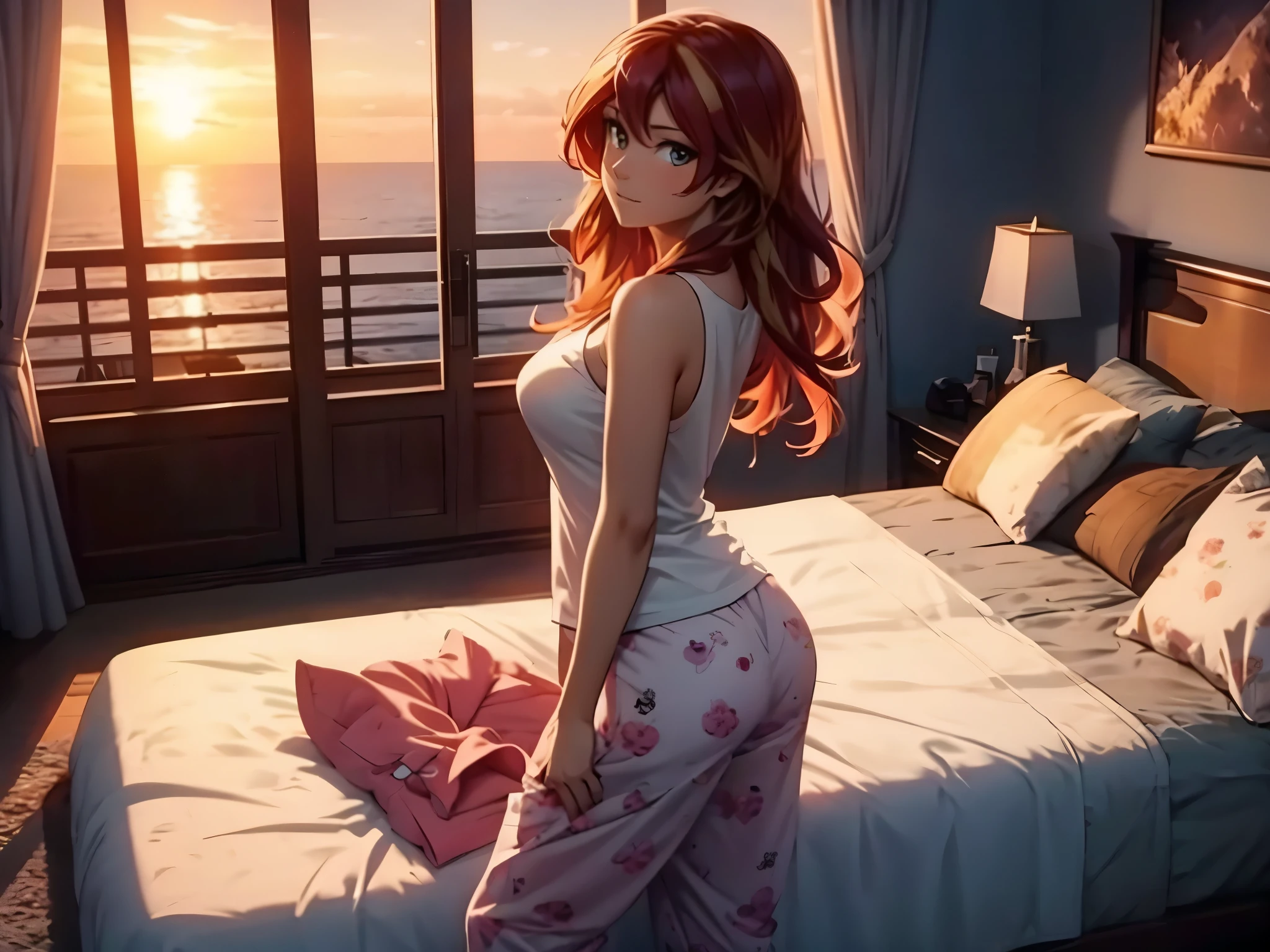 sunset shimmer, bedroom, white tank top, pajama pants