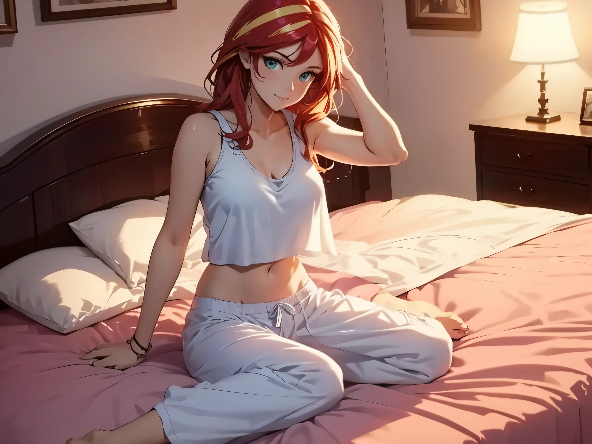 sunset shimmer, bedroom, white tank top, pajama pants, pokies