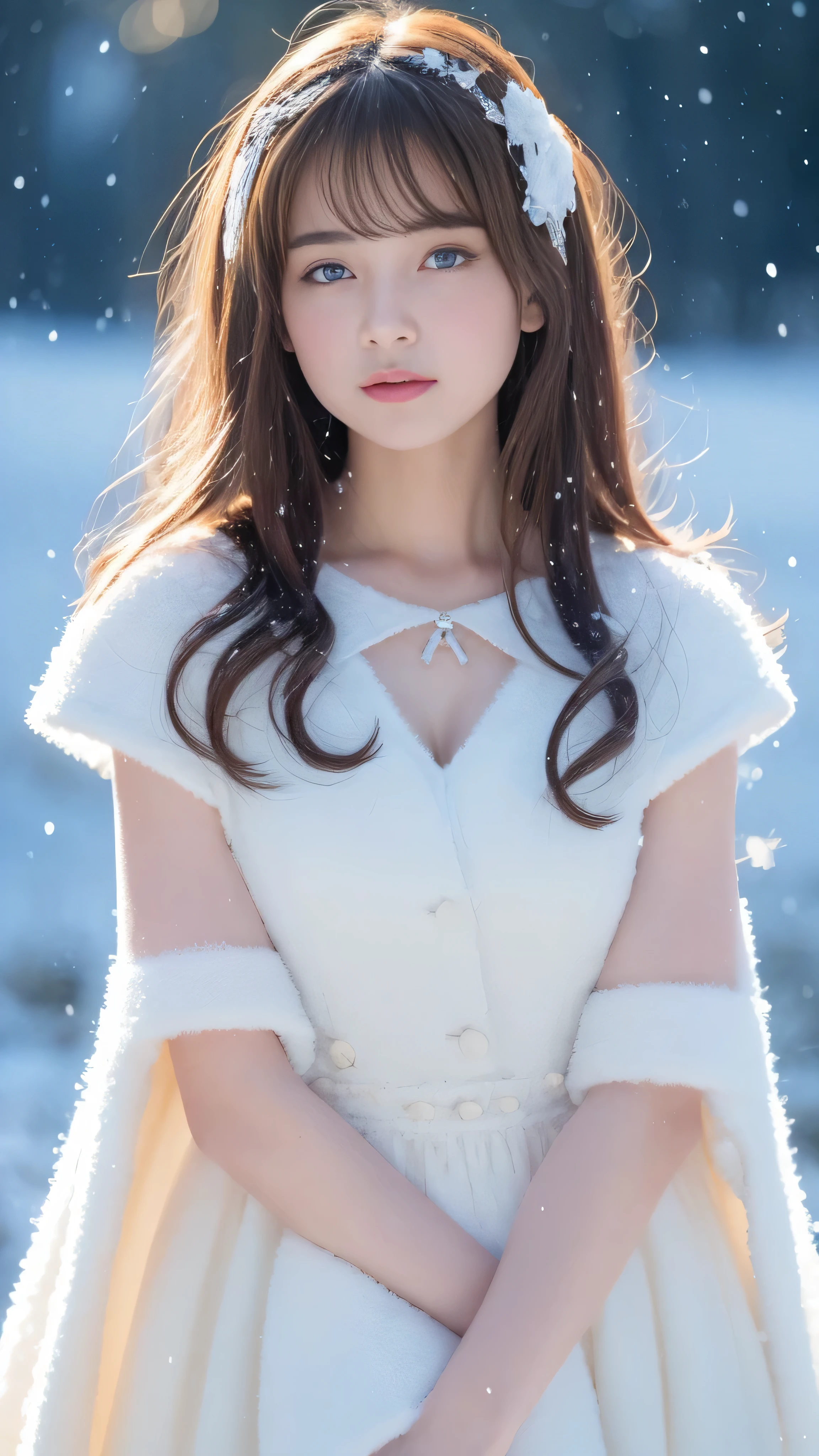(highest quality, 8k, 32K,details are very clear),Realistic, High resolution, 1 Japanese Women, alone, (Lolita Costume),Gorgeous costumes,Facing the audience,(Upper Body,Upper limbs), Beautiful Eyes, brown hair, Ring-shaped eyes, (outside,Heavy snowfall,thick fur cape,Cover with snow),Snowfield,blue eyes,highest qualityのイラスト,Detailed facial features