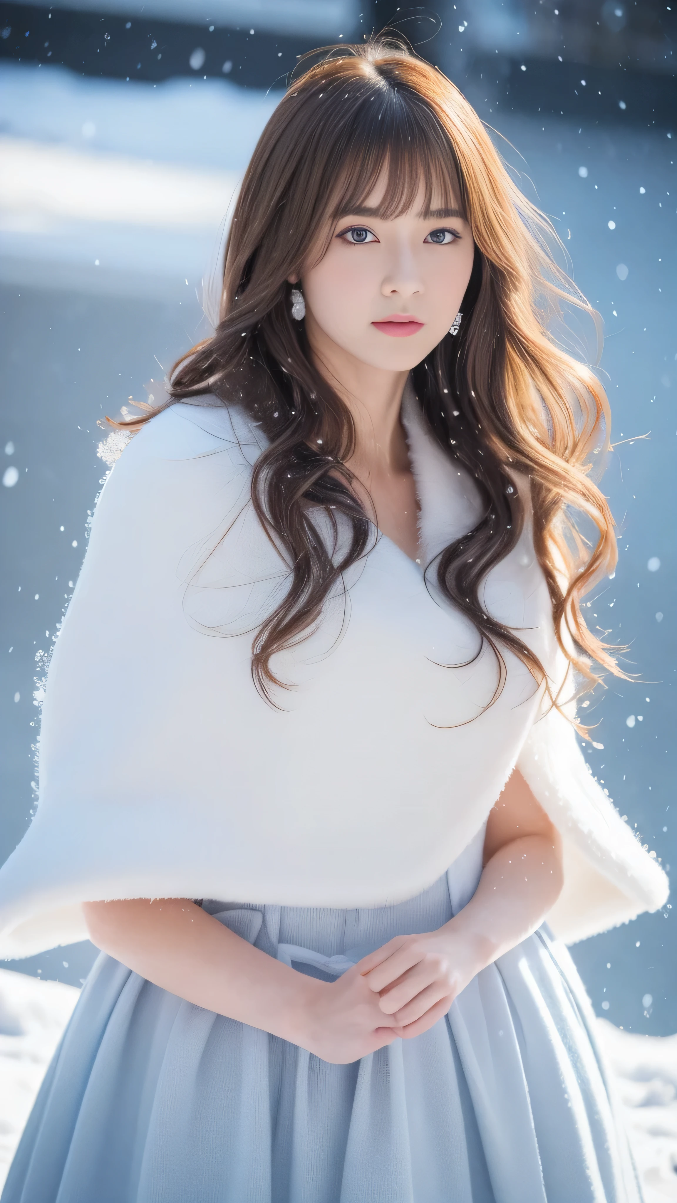 (highest quality, 8k, 32K,details are very clear),Realistic, High resolution, 1 Japanese Women, alone, (Lolita Costume),Gorgeous costumes,Facing the audience,(Upper Body,Upper limbs), Beautiful Eyes, brown hair, Ring-shaped eyes, (outside,Heavy snowfall,thick fur cape,Cover with snow),Snowfield,blue eyes,highest qualityのイラスト,Detailed facial features