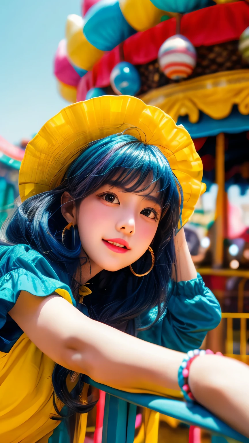 (masterpiece、highest quality、Official Art:1.2)、(colorful)、Seeing the viewer、1 girl、Portraiture、alone、Colorful floating objects 、peekaboo、touching hair、balloon、amusement park