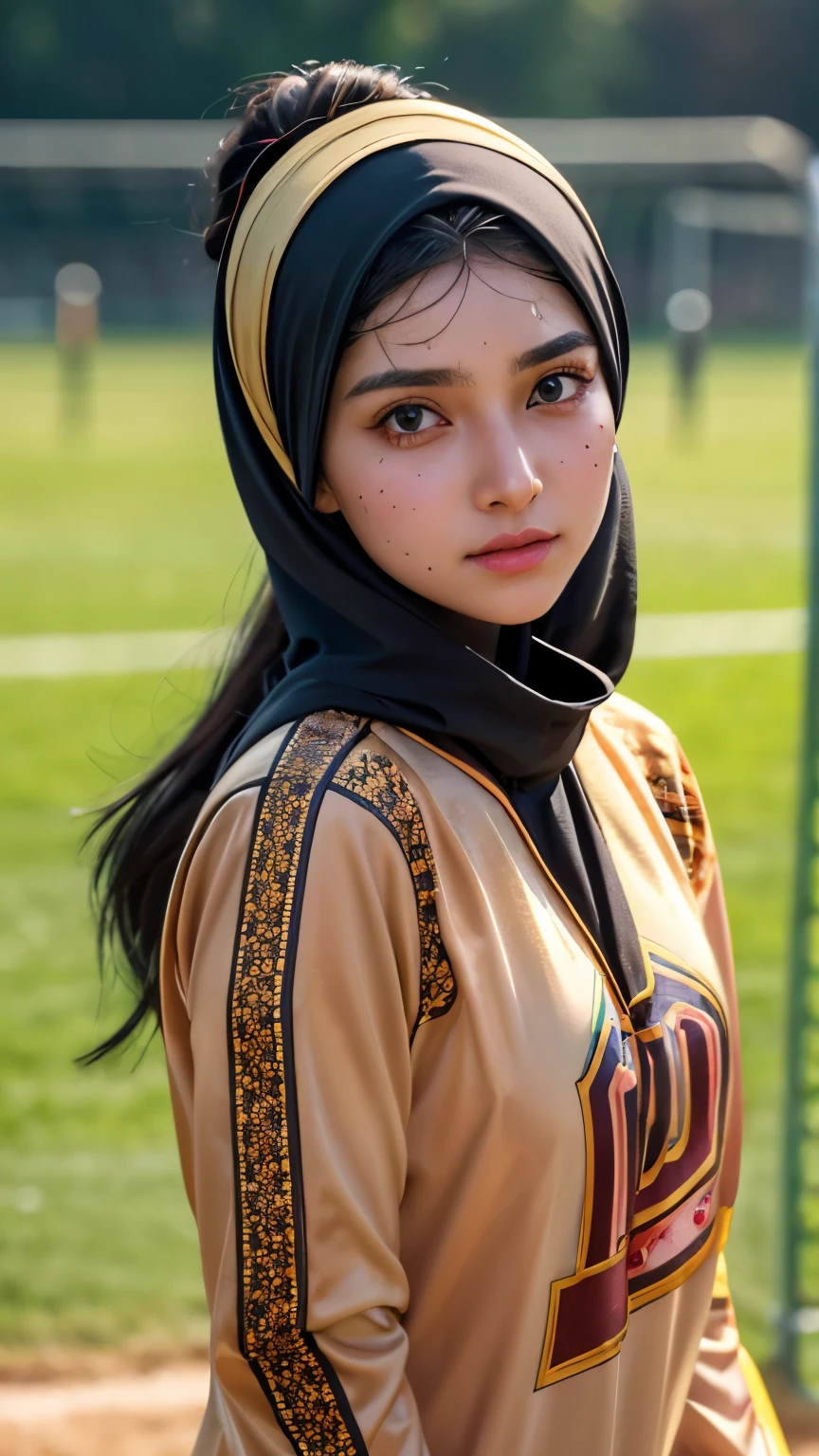 8k CG masterpiece, best quality, photographic realism, meticulously detailed skin, hyper-realistic depiction, High detail RAW color art, diffused soft lighting, shallow depth of field, pin-sharp focus, strikingly hyperrealistic rendition, cinematic lighting, authentic hijab representation, a hijabi girl in beautifully applied makeup, smoky eyeshadow accentuating her big, expressive eyes, long, luscious eyelashes framing her beautiful, ebony orbs, radiantly dressed in a long sleeve soccer jersey and matching leggings, perspiration beading on her forehead, her cheeks flushy and sweaty, determined expression etched, standing in soccerfield