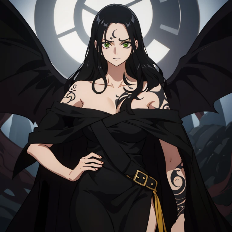 (Uma garota:1.1) com cabelos verdes bonitos, olhos roxos, wearing black clothes and a striking tattoo on his arm. Ela possui seios grandes (peituda:1.2), demonic tattoo on forehead, sem asas, human race.