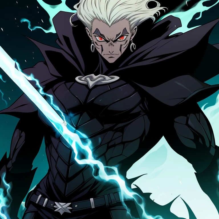 um close up de uma pessoa segurando uma espada em uma tempestade de raios, an epic anime of a energy man, dark supervillain, transformando-se em sua forma final, Tor, da Marvel, este personagem tem criocinese, Devilman selvagem de corpo inteiro, espantalho masculino poderoso, Gatilho Estilo de Arte de Anime, O reprodutor sombrio, chefe de fim de jogo, Berserk Skullknight Armadura Negra