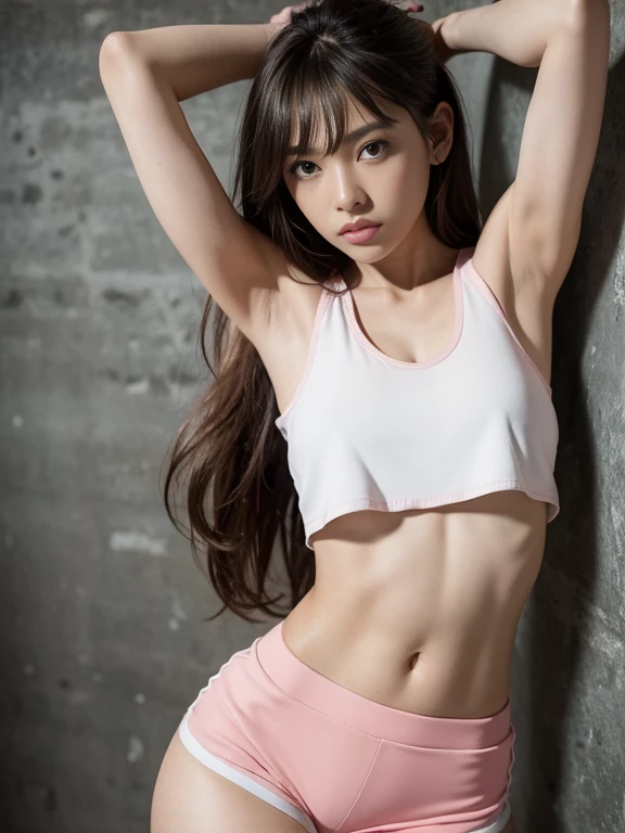 Generate an image of young, Generate an image of young, teenage girl, long brown hair, Tucked Behind ears, straight hair, no bangs, small girl, small breasts , ((white crop top)), ((pink small shorts ,pink gym shorts)), cleavage, realistic, sexy long legs, perfect pussy, perfect body, masterpiece, 8k, ultra realistic, standing,(body forward), dark room, ((dirty wall background)), wall paper torn, ((gap between legs, huge gap between leg)), arms up, hands out of frame, ,