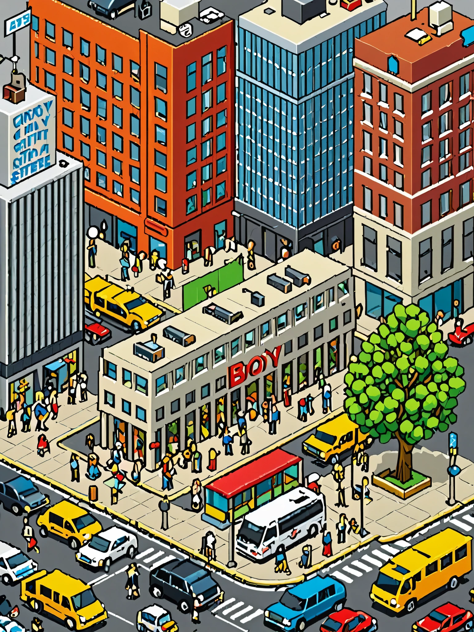 Highly detailed isometric art of a city street scene, eboy style 