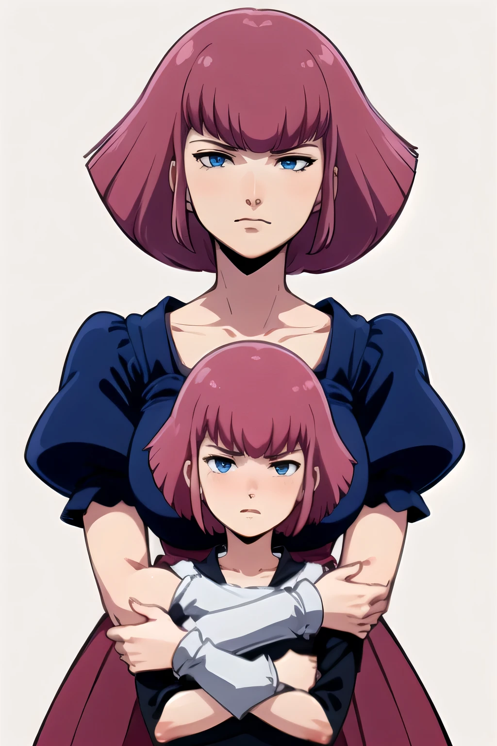 masterpiece, high quality, alone, Look Down, Low angle shot of Haman_Khan,1 female, Shyness, Pink Hair, short hair, Side Lock, bangs, eyebrow, blue eyes, clavicle, Maid clothes, Puff sleeves, Long sleeve, Juliet Sleeve, Upper Body, Are standing, (Arms crossed:1.2), Stylish pose, White Background, blush,Watery eye,Looking up