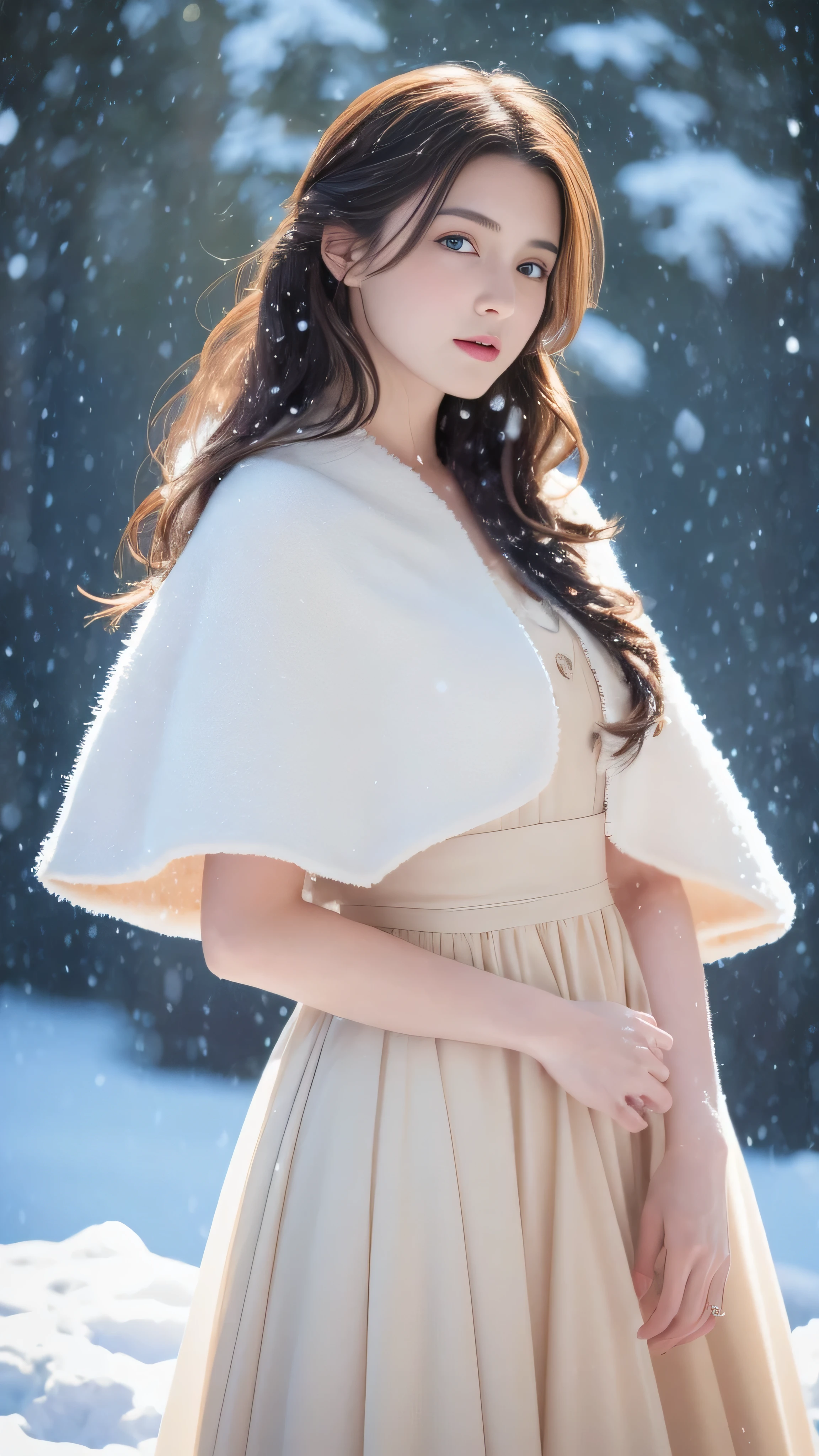 (highest quality, 8k, 32K，details are very clear),Realistic, High resolution, 1 Japanese Women, alone, (Lolita Costume)，Gorgeous costumes，Facing the audience，(Upper Body，Upper limbs)， Beautiful Eyes, brown hair, Ring-shaped eyes, (outside，Heavy snowfall，thick fur cape，Cover with snow)，Snowfield，blue eyes，highest qualityのイラスト，Detailed facial features