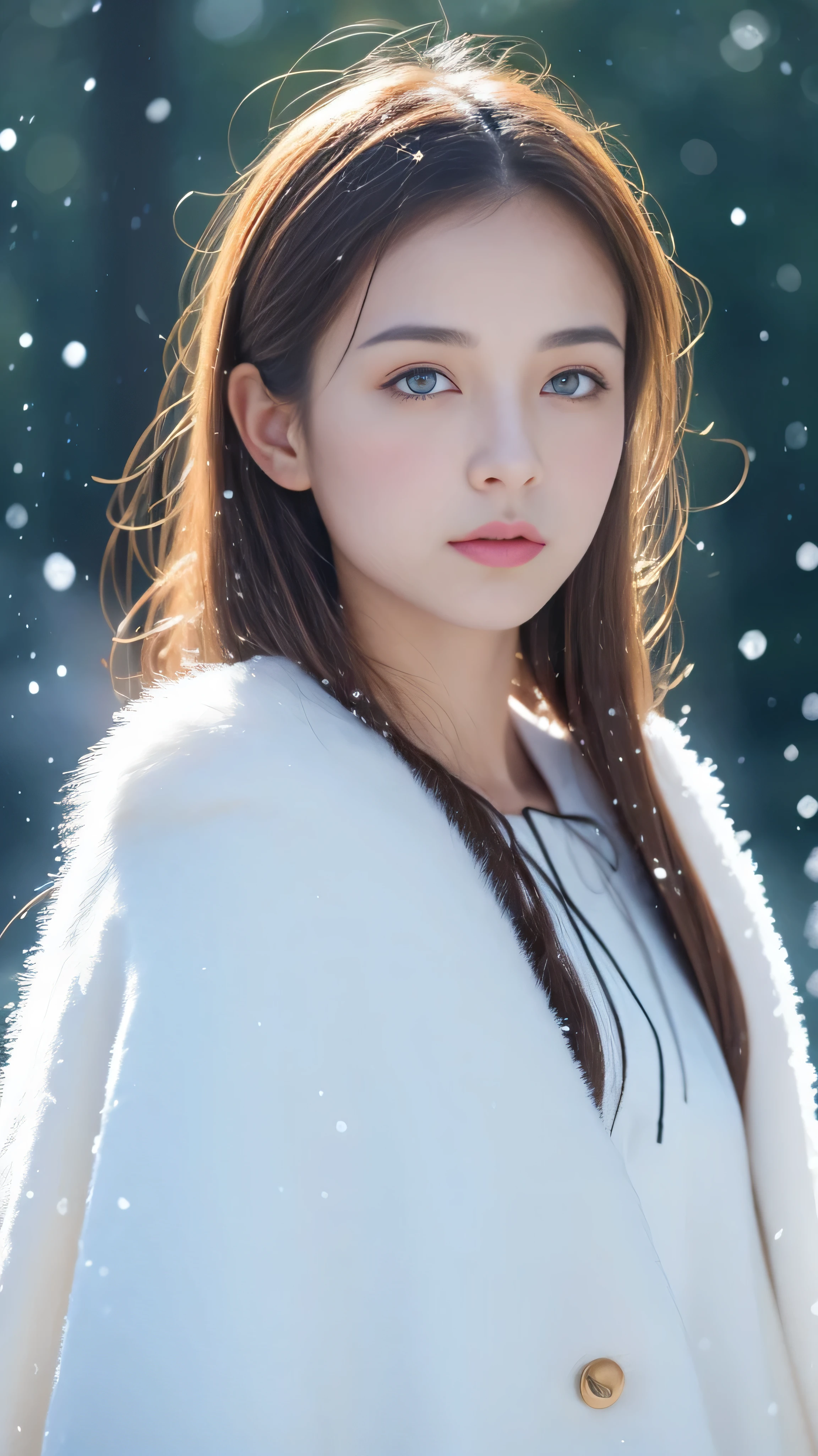 (highest quality, 8k, 32K，details are very clear),Realistic, High resolution, 1 Japanese Women, alone, (ta Costume)，Gorgeous costumes，Facing the audience，(Upper Body，Upper limbs)， Beautiful Eyes, brown hair, Ring-shaped eyes, (outside，Heavy snowfall，thick fur cape，Cover with snow)，Snowfield，blue eyes，highest qualityのイラスト，Detailed facial features