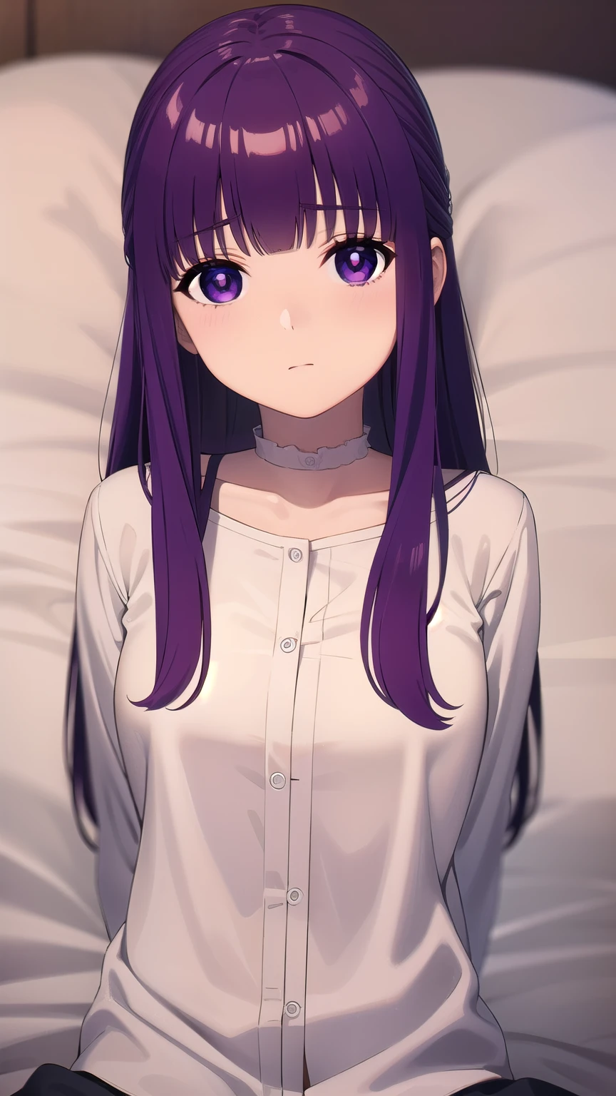 Anime girl with purple hair sitting on a bed in a white shirt - SeaArt AI