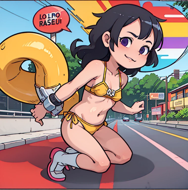 drawing of a woman in a yellow bikini next to a traffic light, some red and purple and yellow, some red and yellow, inspired by Tadanori Yokoo, digital art. colorful comic, [ digital art ]!!, [ conceptual art ]!!, colored sketch anime manga panel, biomechanical oppai, comic digital art, digital art!!, lowres