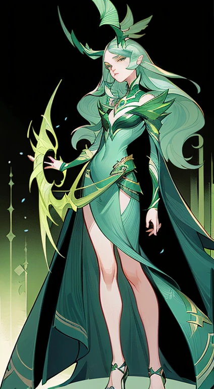 1 beautiful woman,A Necromancer,Green clothing,standing full-body,solo,Clear facial features,Simple line design,Reasonable hands,(tmasterpiece,top Quority,best qualtiy,Ultra-high resolution,Clear facial features,beautidful eyes,beauitful face)