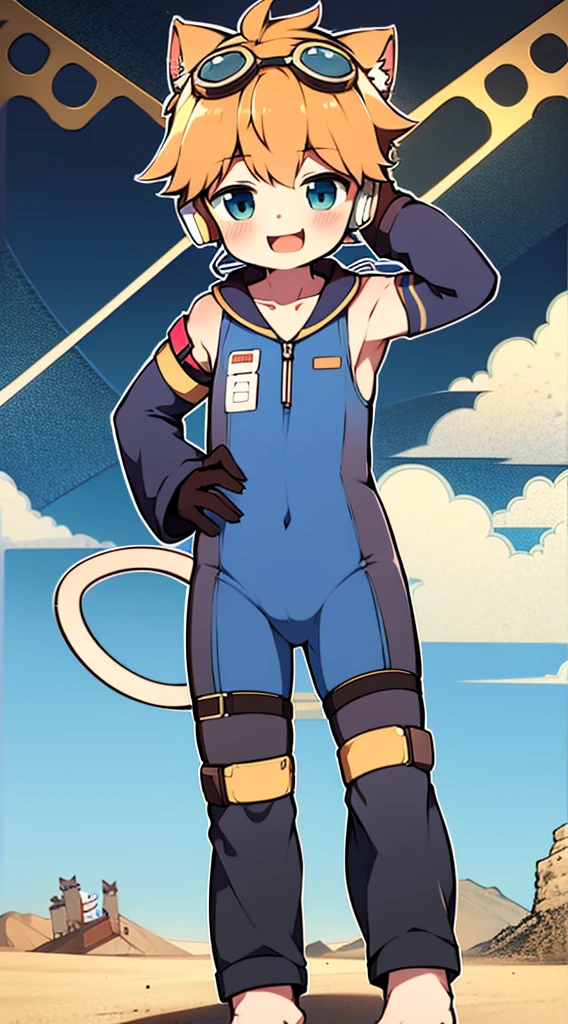 2D Boy Shota,One-piece mountaineering suit,Slim, healthy body,Put the headphones on your head,stand up,goggles,Cat ear,happy,Sailor collar,Lovely,Love,Short sleeve