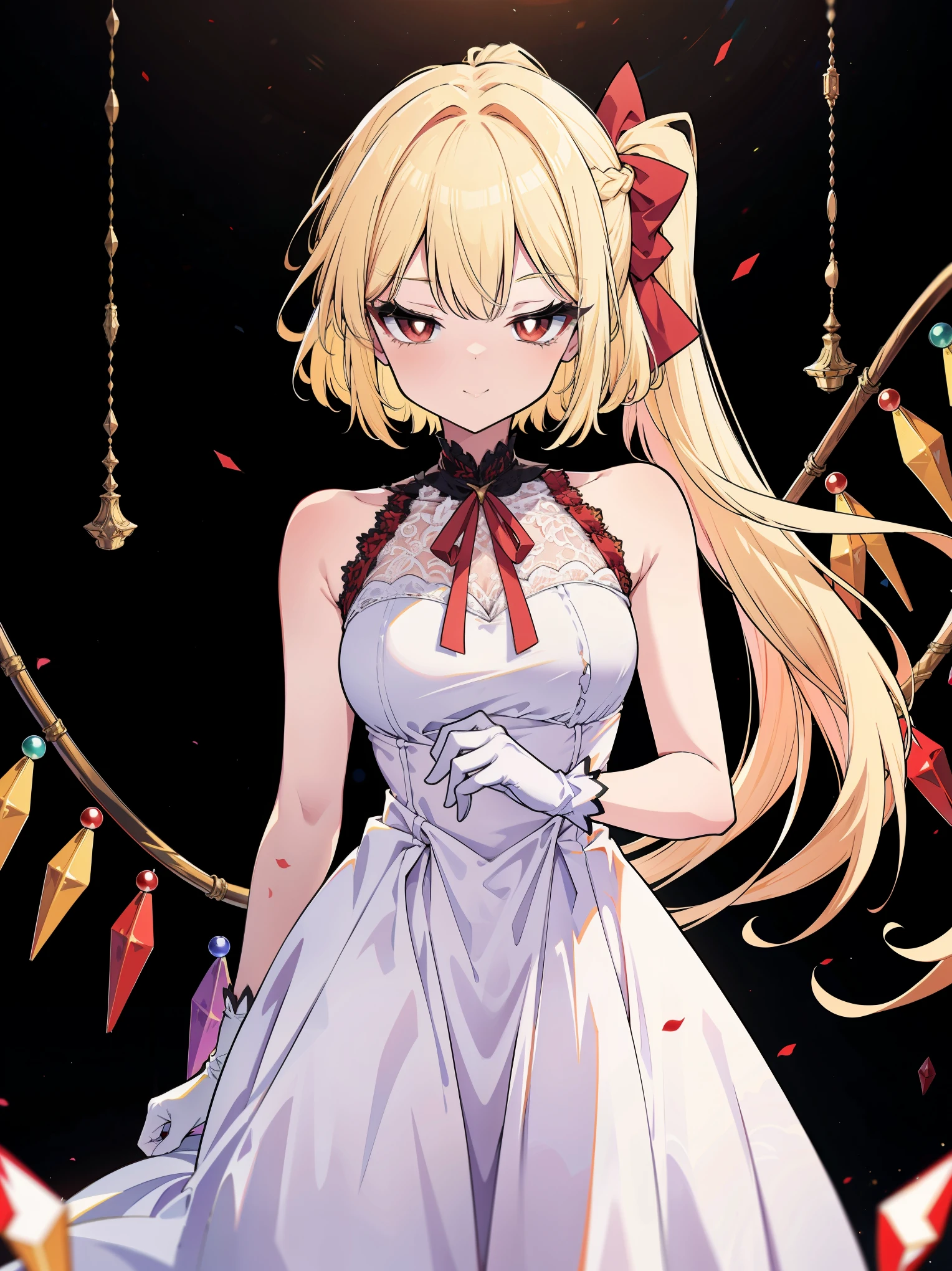 (cowboy shot), (colorful:1.1), vibrant color, (ultra-high resolution, depth of field:1.2), (Flandre scarlet:1.1), (1woman), (adult), in her 20s, Touhou project, (medium breasts), (red eyes), white pupils, glowing eyes, blonde hair, wavy hair, (long hair:1.1), (french braid), red ribbon, long ponytail, (white gala dress:1.1), (wearing a white gala dress:1.2), frills, (long white lace gloves), (elegant ballroom scenery:1.2), seductive smile