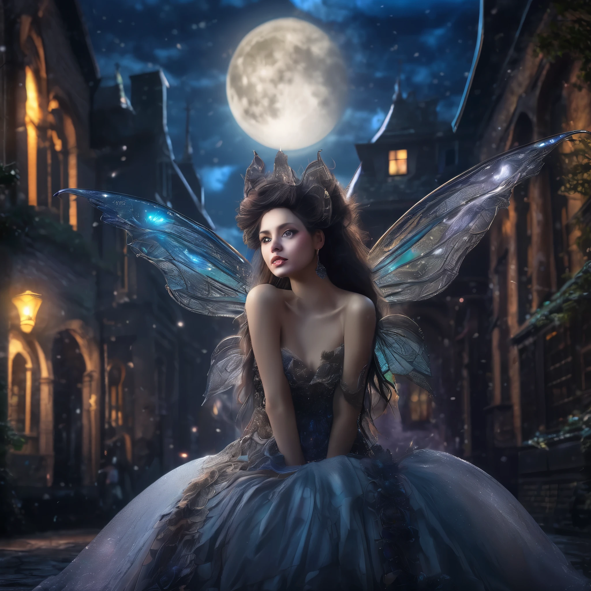 (best quality,4k,8k,highres,masterpiece:1.2),ultra-detailed,(realistic,photorealistic,photo-realistic:1.37), HDR,UHD,studio lighting,ultra-fine painting,sharp focus,physically-based rendering,extreme detail description,professional,vivid colors,bokeh,horror,fantasy,nighttime scene,mythical creatures,dark atmosphere,dramatic lighting,moonlight,ominous shadows,twilight,gothic architecture,enchanted world,surreal,fairy,female,feminine,fantasy costume,elaborate wings,playful expression,intense gaze,magic powers,sparkling energy,glowing aura,vibrant colors,mystical elements,cobblestone rooftop,city skyline,teeth sack dangling off her belt,moonlight reflecting in her eyes,long flowing hair,windy atmosphere,mysterious background,night stars,whimsical details,unexpected surprises,imagination unleashed,magnificent artwork
