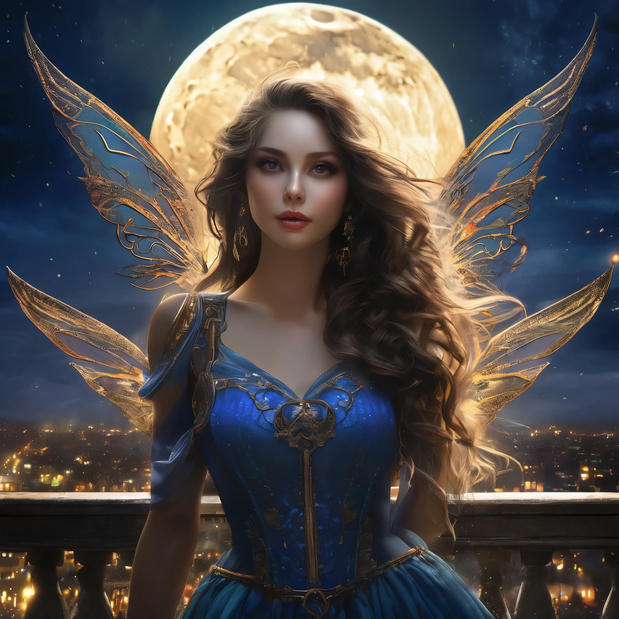 (best quality,4k,8k,highres,masterpiece:1.2),ultra-detailed,(realistic,photorealistic,photo-realistic:1.37), HDR,UHD,studio lighting,ultra-fine painting,sharp focus,physically-based rendering,extreme detail description,professional,vivid colors,bokeh,horror,fantasy,nighttime scene,mythical creatures,dark atmosphere,dramatic lighting,moonlight,ominous shadows,twilight,gothic architecture,enchanted world,surreal,fairy,female,feminine,fantasy costume,elaborate wings,playful expression,intense gaze,magic powers,sparkling energy,glowing aura,vibrant colors,mystical elements,cobblestone rooftop,city skyline,teeth sack dangling off her belt,moonlight reflecting in her eyes,long flowing hair,windy atmosphere,mysterious background,night stars,whimsical details,unexpected surprises,imagination unleashed,magnificent artwork