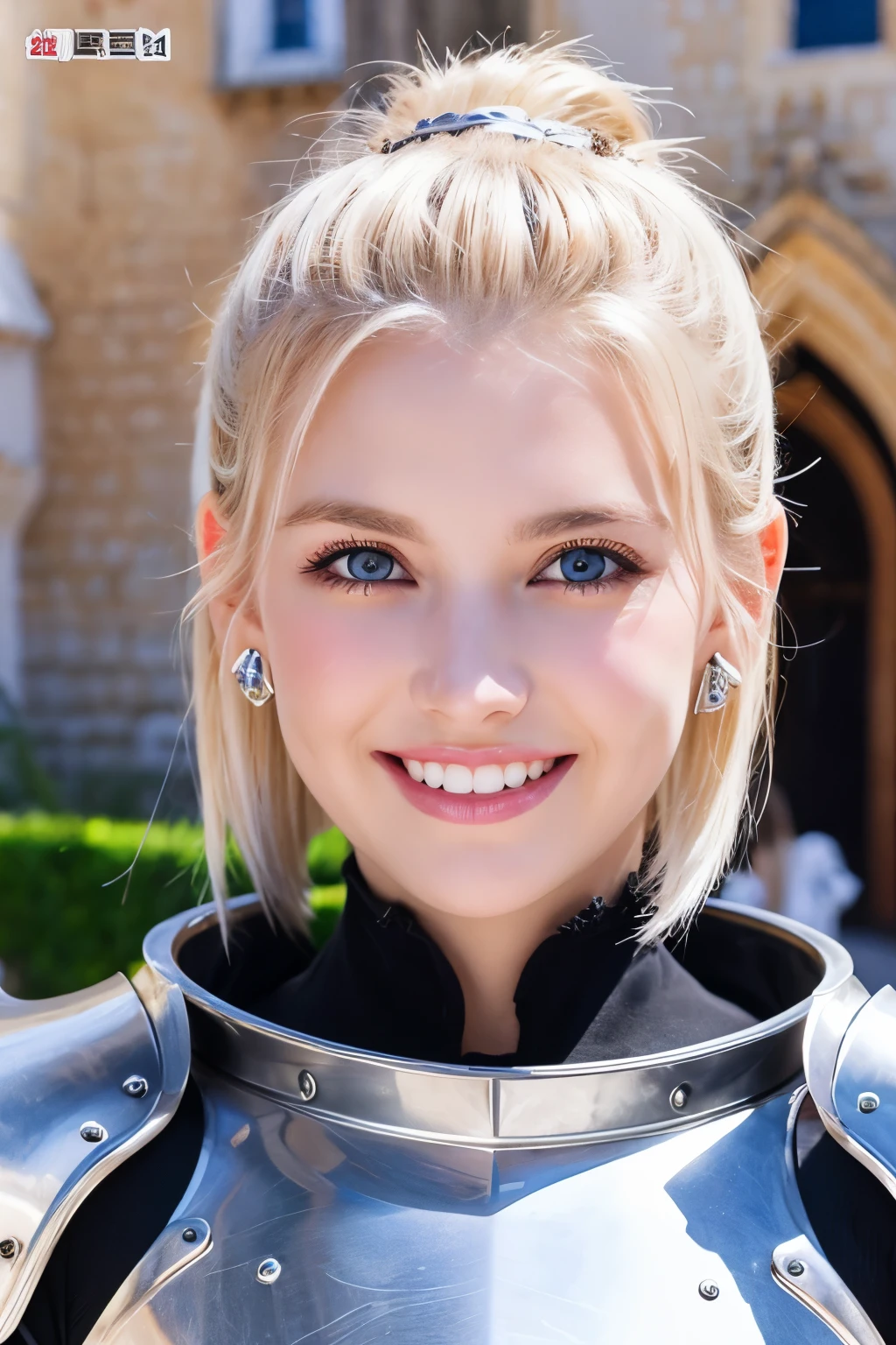 8K、highest quality、female knight、Luxurious Silver Armor、、hairstyle short cut、smile、Beautiful Teeth、Full body photo、ear piercing、blonde、White woman、blue eyes、Heavy makeup、The background is inside the castle